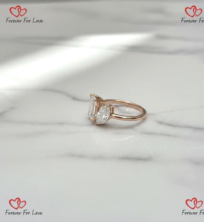 3 carat E/VVS2 IGI CERTIFIED Marquise + Emerald Cut Two Stone Lab Diamond Engagement Ring, 14k Rose gold, Toi et Moi Ring, Perfect gift