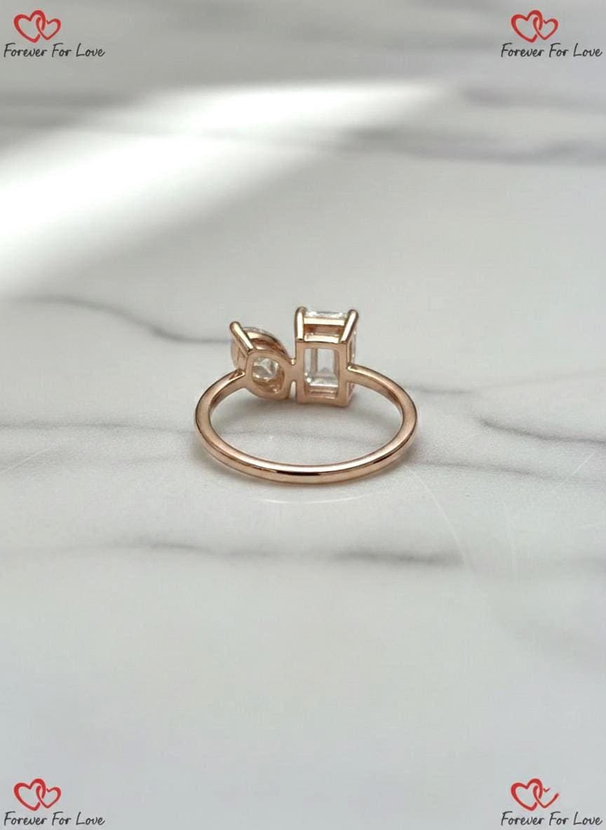 3 carat E/VVS2 IGI CERTIFIED Marquise + Emerald Cut Two Stone Lab Diamond Engagement Ring, 14k Rose gold, Toi et Moi Ring, Perfect gift