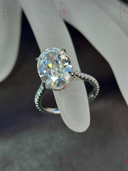 6 Ct Oval Diamond, Moissanite Hidden Halo Engagement Ring