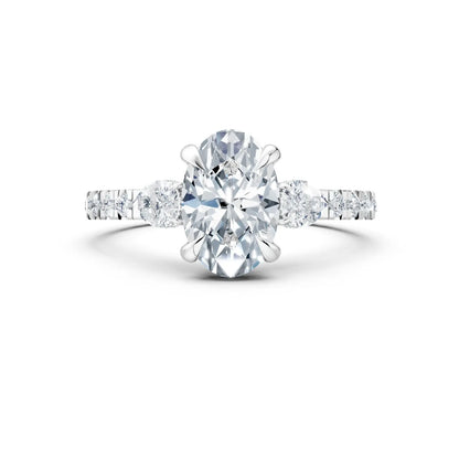 Oval Center Stone with Pear Side Stones, Pave Band & Halo Engagement Ring Forever For Love