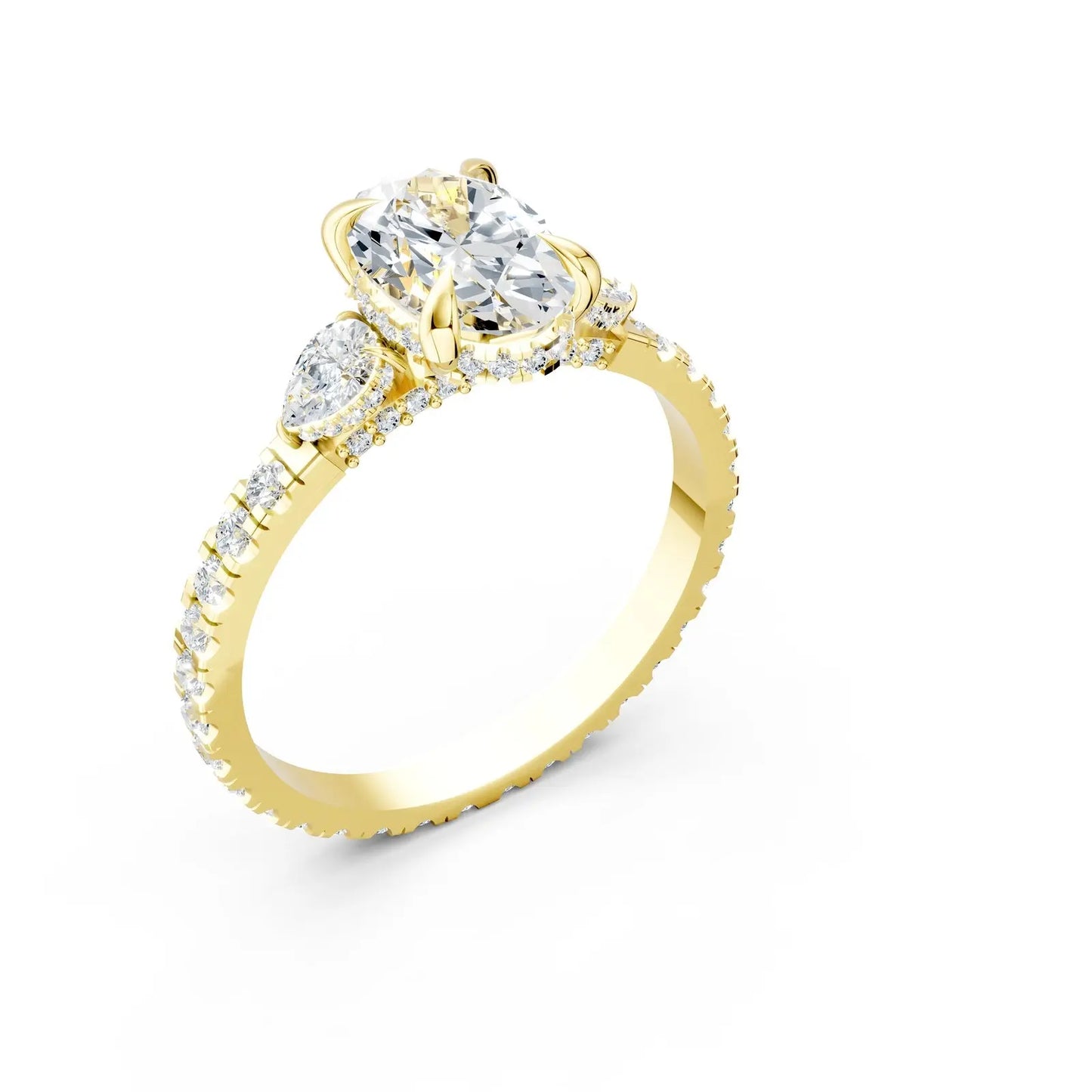 Oval Center Stone with Pear Side Stones, Pave Band & Halo Engagement Ring Forever For Love