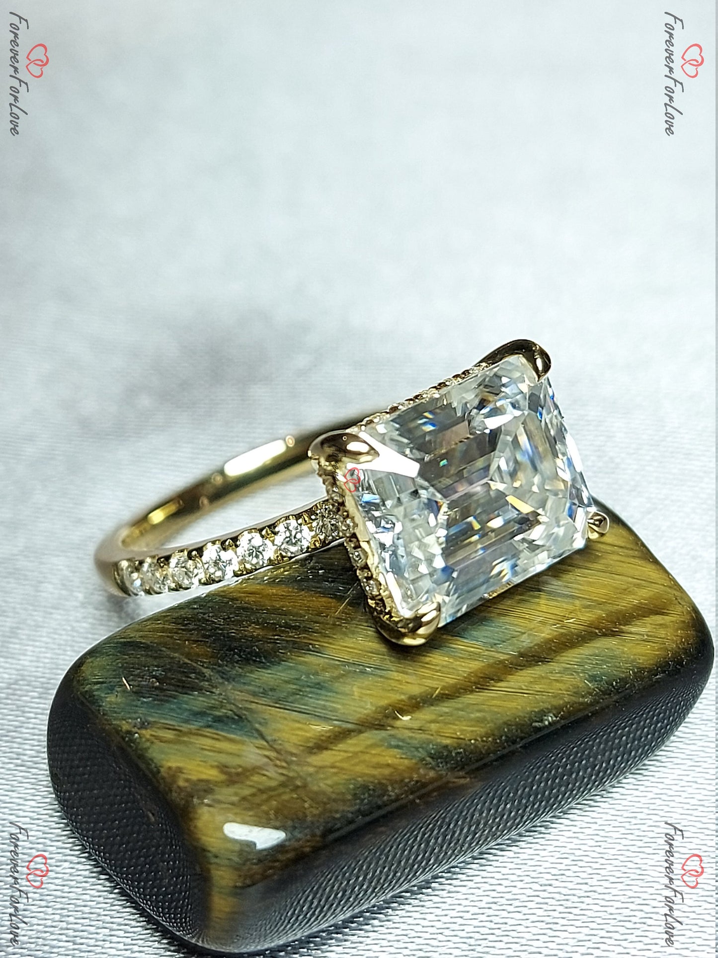 4 Ct Emerald Moissanite Halo Solitaire Engagement Ring Emerald cut 1Ct Moissanite Brilliant Cut engagement ring in 935 Argentium Silver — custom handcrafted by Forever For Love