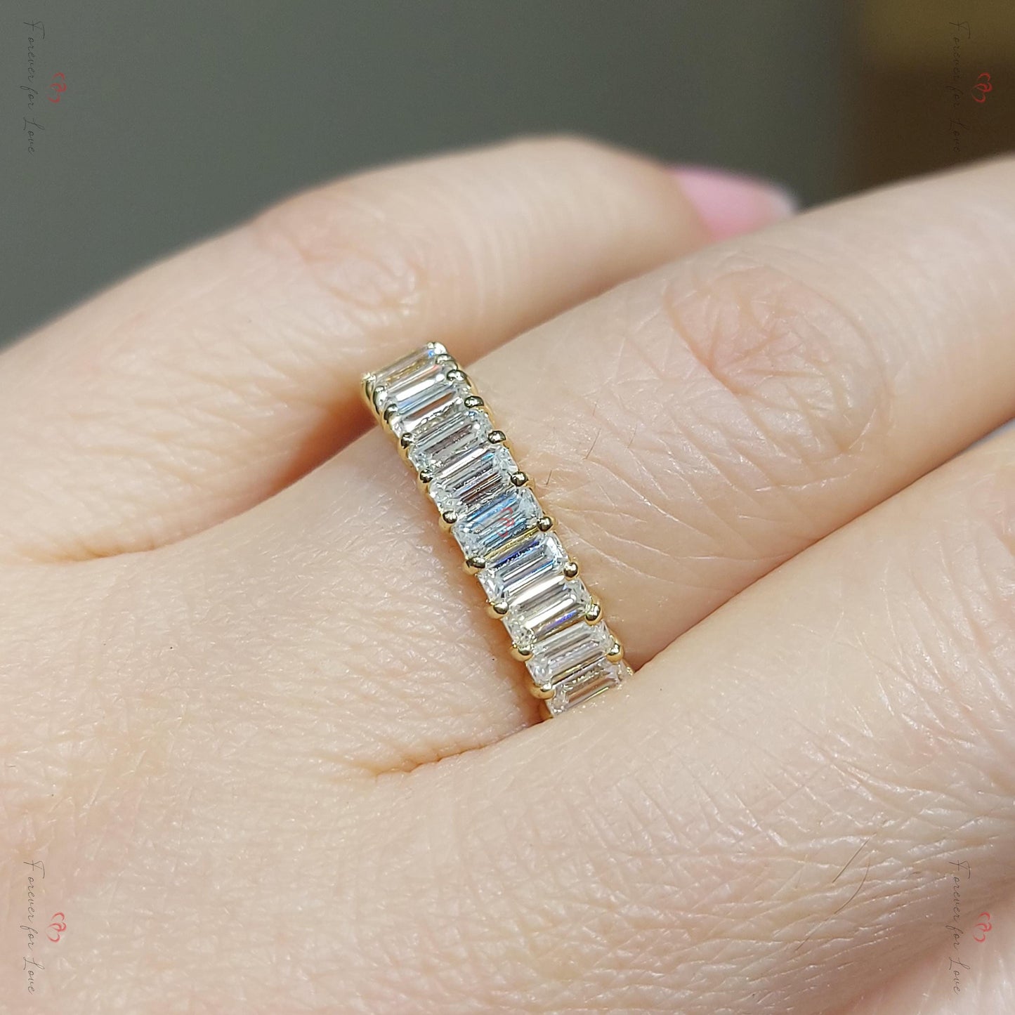 0.25 Ct Baguette Lab Diamond Half Eternity Band Baguette cut Moissanite Brilliant Cut engagement ring in 935 Argentium Silver — custom handcrafted by Forever For Love