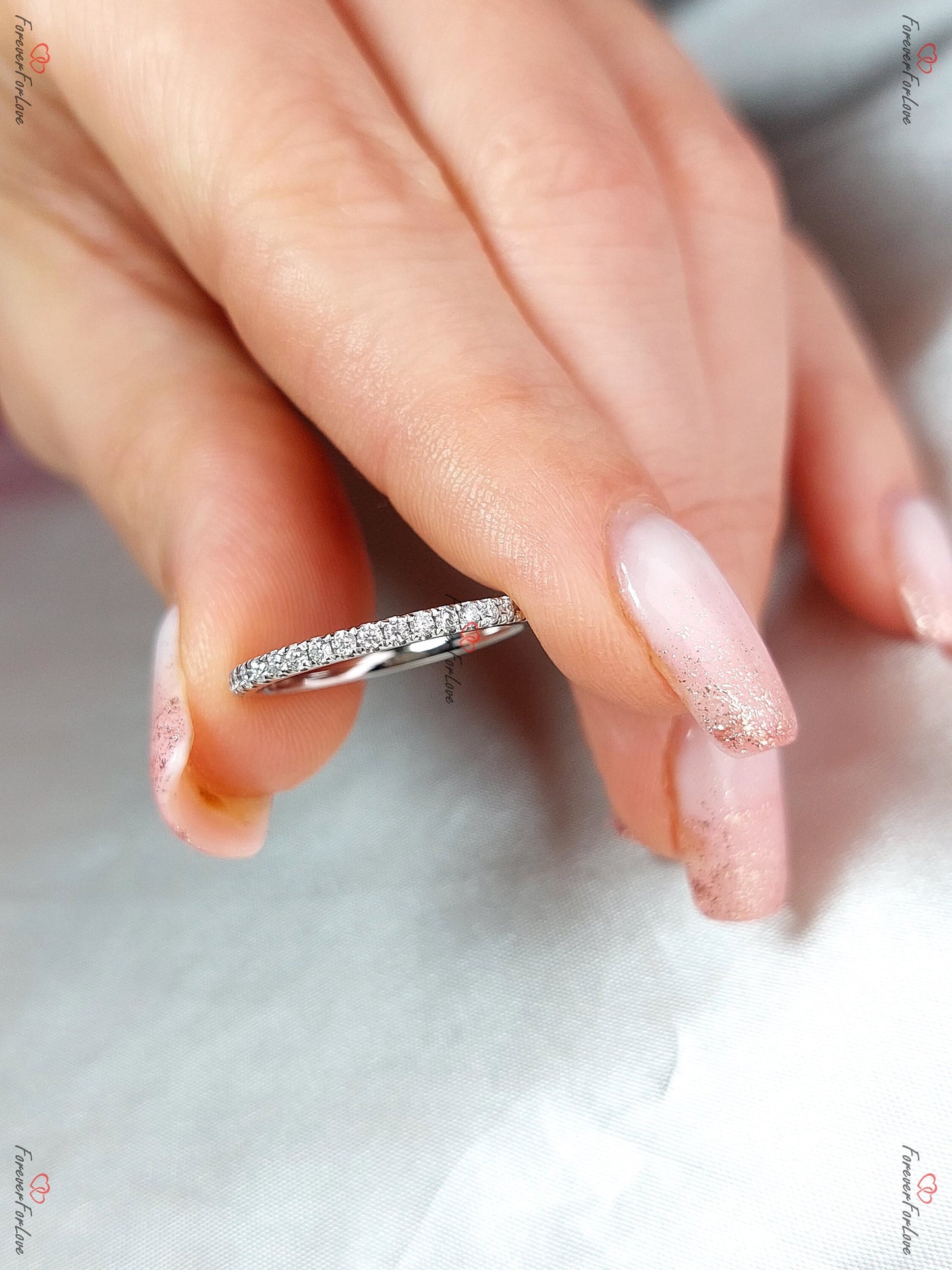 Natural Diamond Half Eternity Band Round cut Moissanite Brilliant Cut engagement ring in 935 Argentium Silver — custom handcrafted by Forever For Love