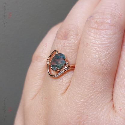 Oval Moss Agate Solitaire Engagement Ring
