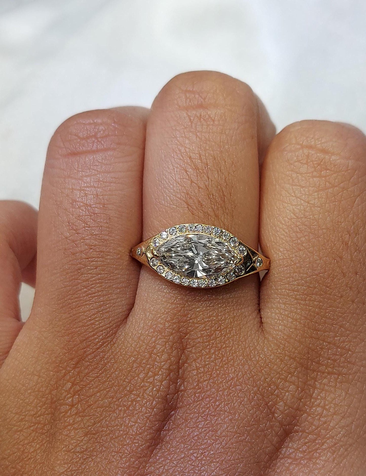 1.4 Ct Marquise Lab Diamond East-West Ring Marquise cut 1Ct Moissanite Brilliant Cut engagement ring in 935 Argentium Silver — custom handcrafted by Forever For Love