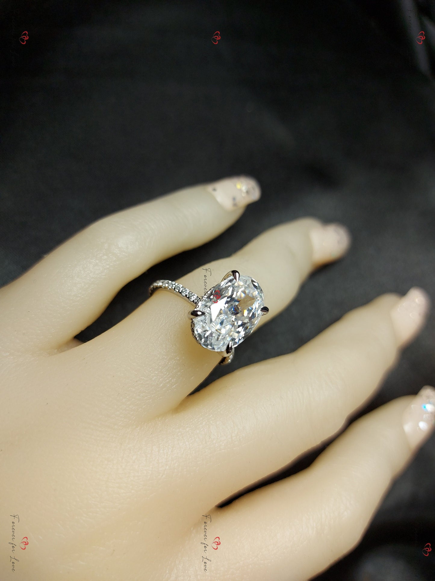 7 Ct Oval Moissanite Hidden Halo Ring with Pavé Band Oval cut Moissanite Brilliant Cut engagement ring in 935 Argentium Silver — custom handcrafted by Forever For Love