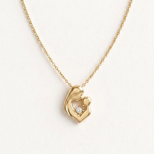 14k Dainty Mother & Child Heart Pendant Necklace with Customized Birth stone, Solid gold, Perfect gift for Mom's