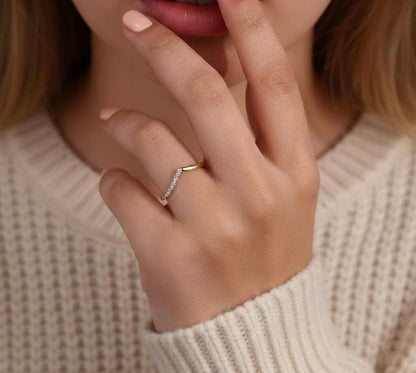 Dainty Stackable V Shaped Ring Chevron Contoured Wave Ring Curved Lab Grown Diamond Band Matching Wedding Band Tiny Diamond Engagement Ring
