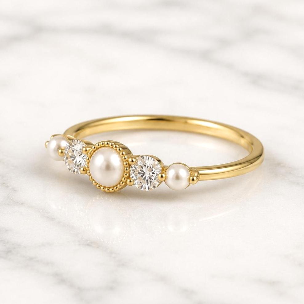 Dainty Fresh Pearl and Diamond Ring Wedding Band for Women Floating Stacking Ring / Lab Diamond Stackable Band Perfect gift for her.