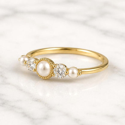 Dainty Fresh Pearl and Diamond Ring Wedding Band for Women Floating Stacking Ring / Lab Diamond Stackable Band Perfect gift for her.
