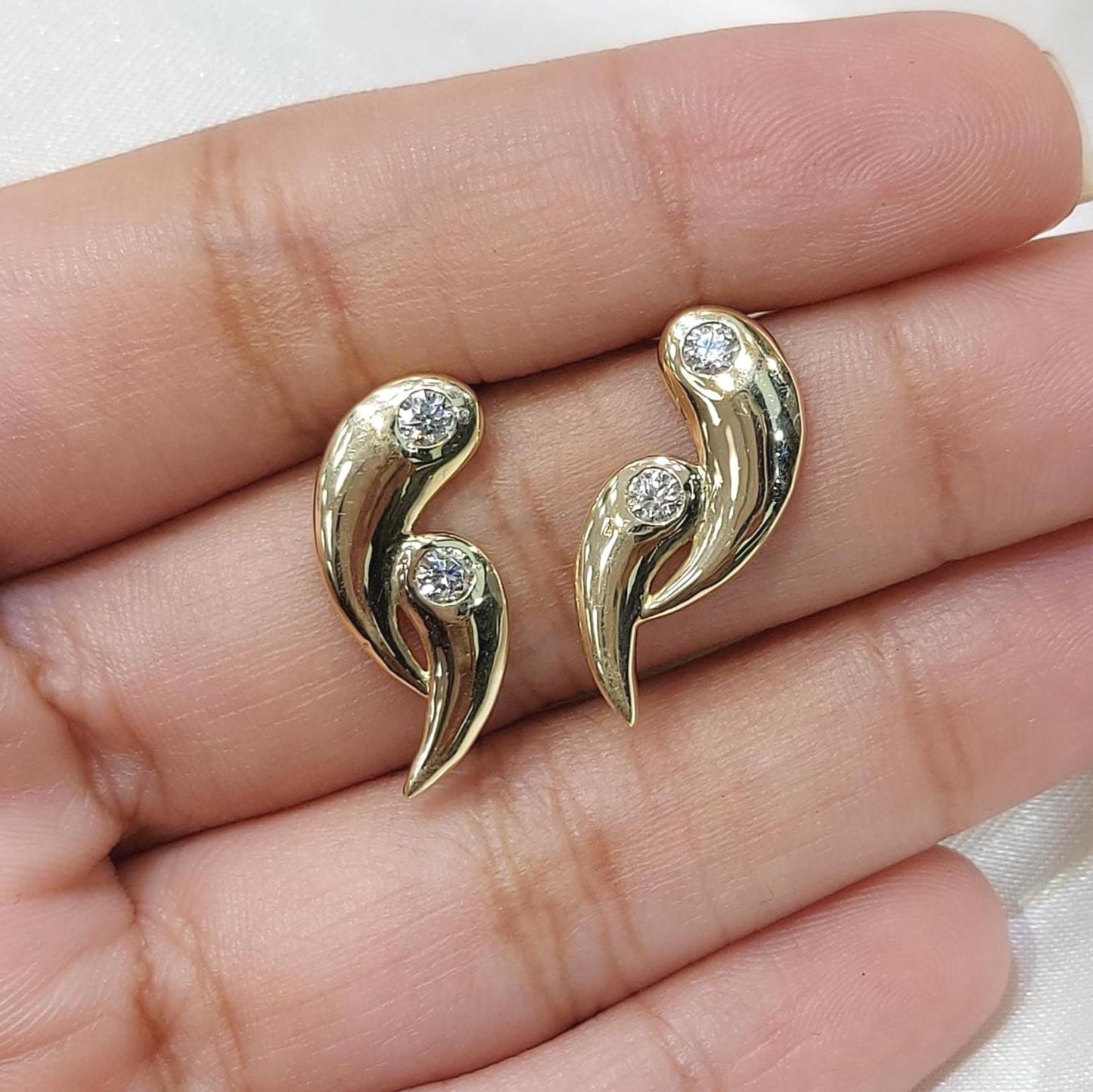 Curved Diamond Stud Earrings in 14K Yellow Gold, Minimalist Wave Earrings, Dainty Gold Diamond Studs, Modern Everyday Earrings, Perfect gift Moissanite engagement ring in Gold or Platinum — custom handcrafted by Forever For Love