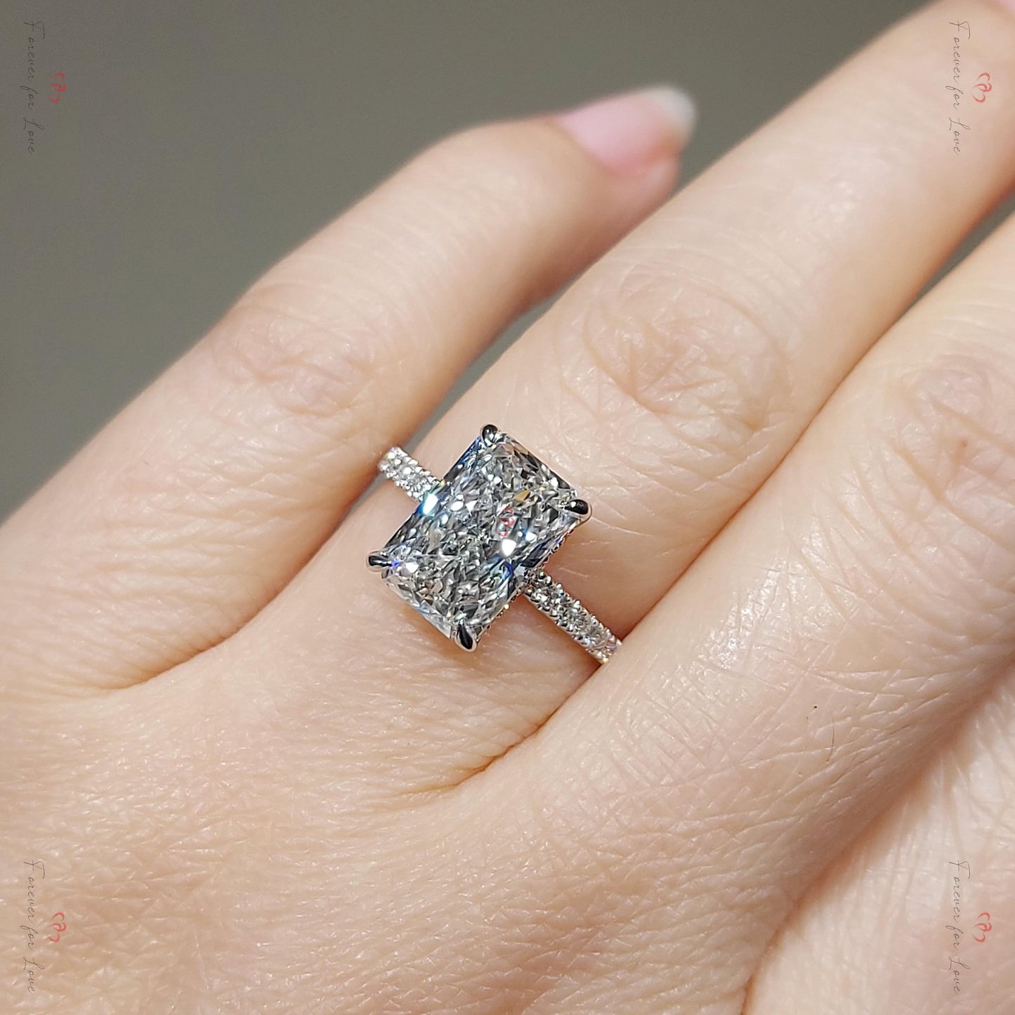 3.5 Ct IGI Certified Radiant Lab Diamond Hidden Halo Engagement Ring Radiant cut 1Ct Moissanite Brilliant Cut engagement ring in 935 Argentium Silver — custom handcrafted by Forever For Love