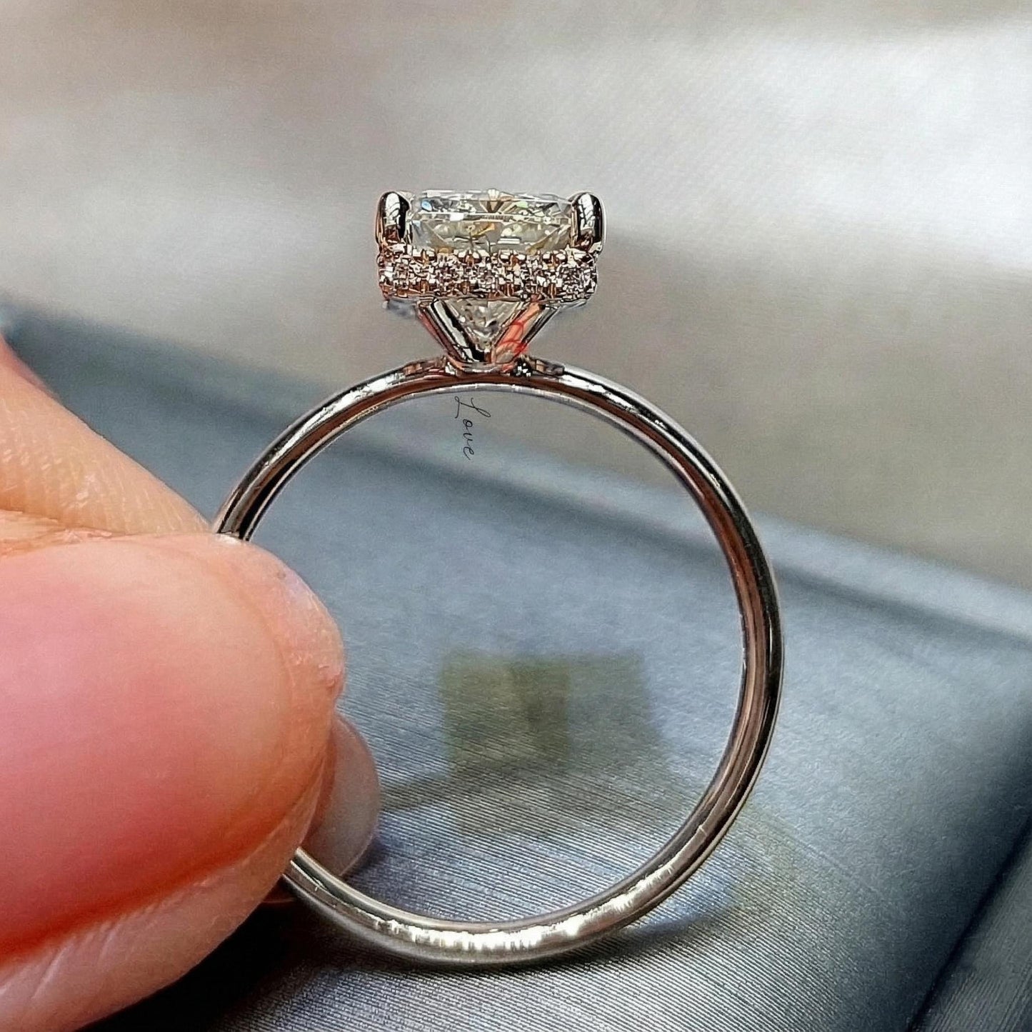 5 Ct IGI Certified Radiant Lab Diamond Hidden Halo Engagement Ring Radiant cut 1Ct Moissanite Brilliant Cut engagement ring in 935 Argentium Silver — custom handcrafted by Forever For Love