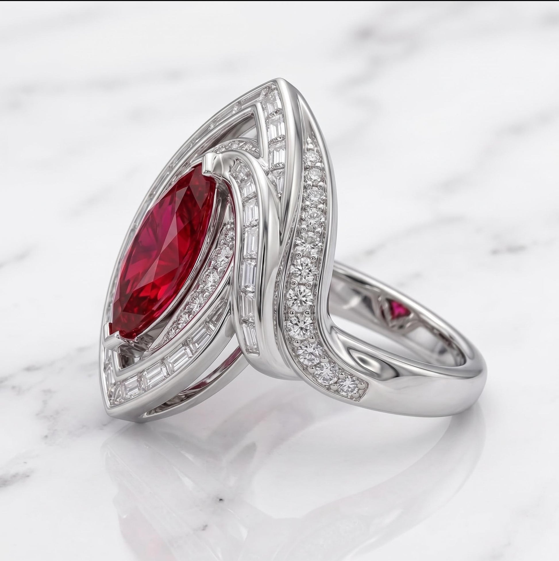 2.5 ct Ruby Pear Ring 14K solid gold Ring, Baguette and Round Lab Diamond, Minimalist Ring, Pear ring, Chunky ring, Gift for her.