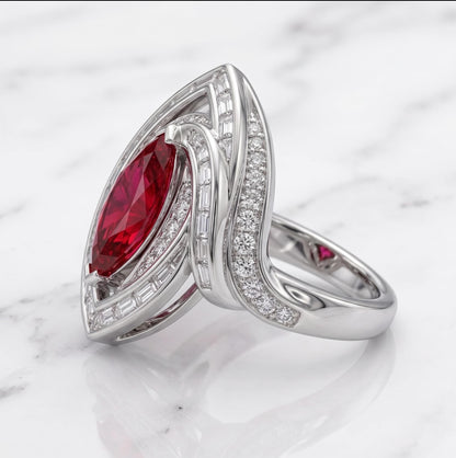 2.5 ct Ruby Pear Ring 14K solid gold Ring, Baguette and Round Lab Diamond, Minimalist Ring, Pear ring, Chunky ring, Gift for her.