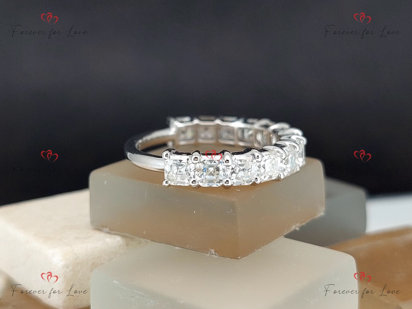 Asscher Moissanite Full Eternity Band Asscher cut Moissanite Brilliant Cut engagement ring in 935 Argentium Silver — custom handcrafted by Forever For Love