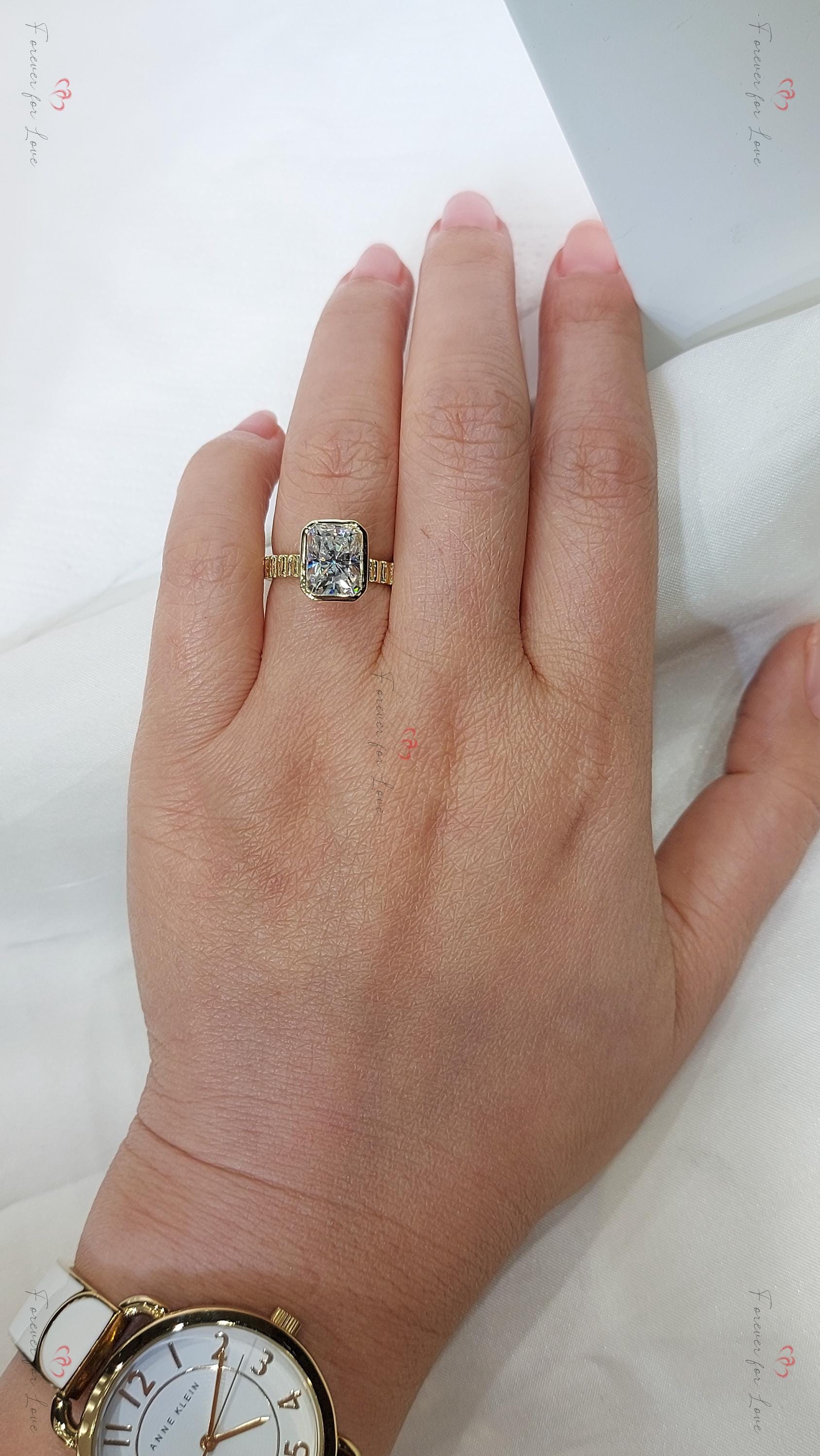 Unique Vintage 1.5 Carat Radiant cut Moissanite Engagement Ring, Bezel setting Proposal Anniversary Ring