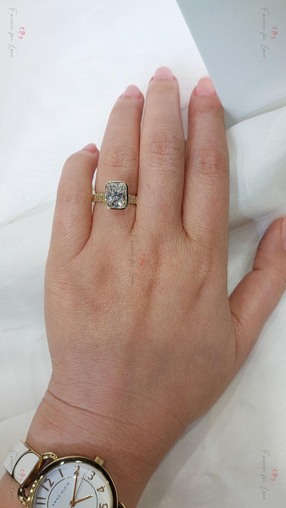 Unique Vintage 1.5 Carat Radiant cut Moissanite Engagement Ring, Bezel setting Proposal Anniversary Ring