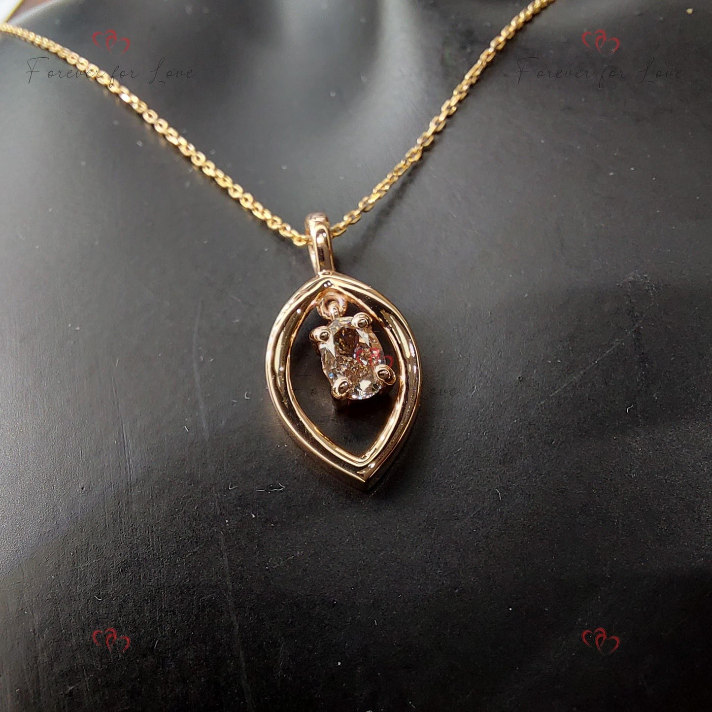 Oval diamond Necklace, 10K Rose  Gold, Dainty Minimalist Oval Pendant, Real Diamond Womens Necklace, Special Gift For Her. Moissanite engagement ring in Gold or Platinum — custom handcrafted by Forever For Love