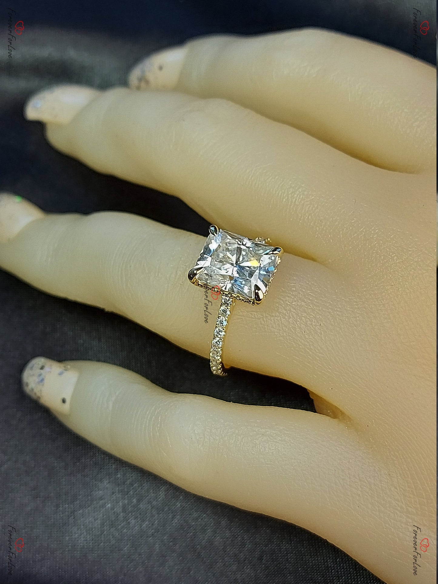 4 Ct Radiant Moissanite Pavé Band Engagement Ring Radiant cut 1Ct Moissanite Brilliant Cut engagement ring in 935 Argentium Silver — custom handcrafted by Forever For Love