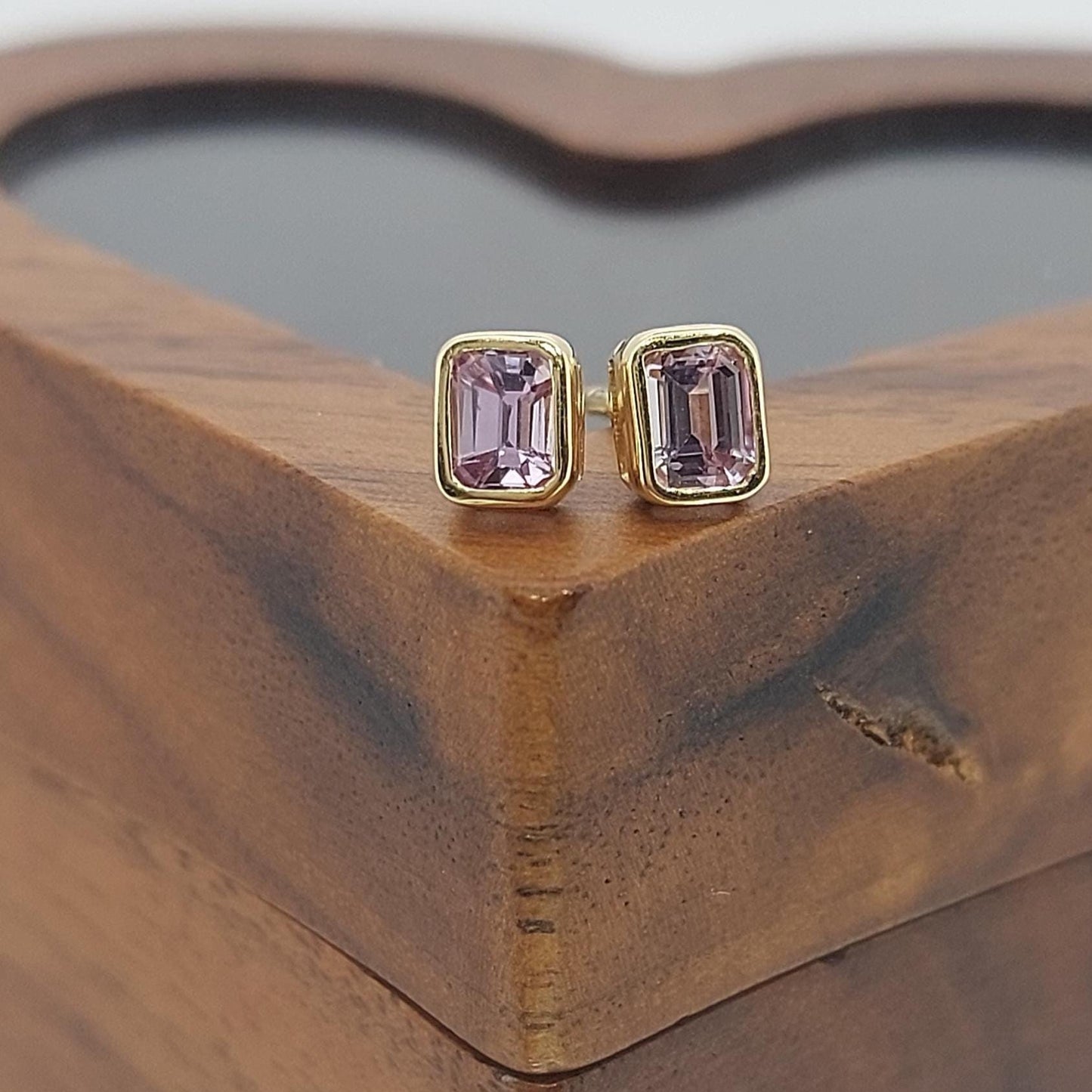 14k Natural Pink Sapphire Emerald Cut Stud Earrings, 0.5ct Bezel Setting, Stud Earring, Perfect Gift for Her. Moissanite engagement ring in Gold or Platinum — custom handcrafted by Forever For Love