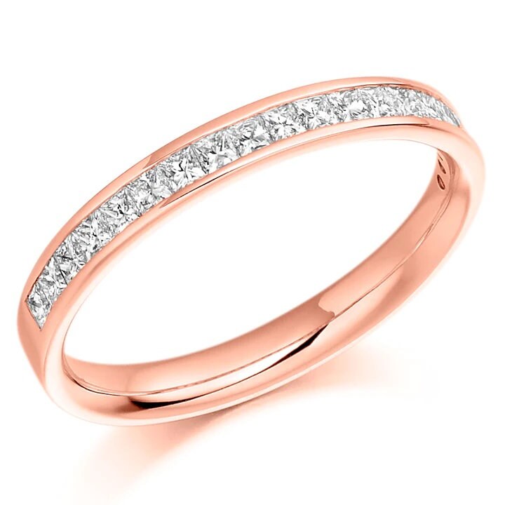 Princess Cut Diamond Half Eternity Ring 1.8mm 18k 14k natural Wedding Band Channel Setting. Yellow Rose White Gold Platinum certified. Princess cut Moissanite Brilliant Cut engagement ring in 935 Argentium Silver — custom handcrafted by Forever For Love
