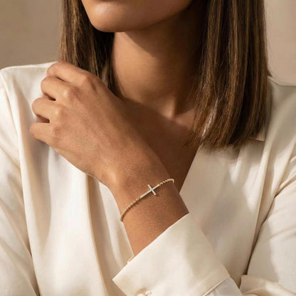 14 Karat Gold Diamantarmband, Kreuzarmband, massive Kugelkette, christlicher Schmuck, massives Gold, zartes Armband, Geschenk für Sie