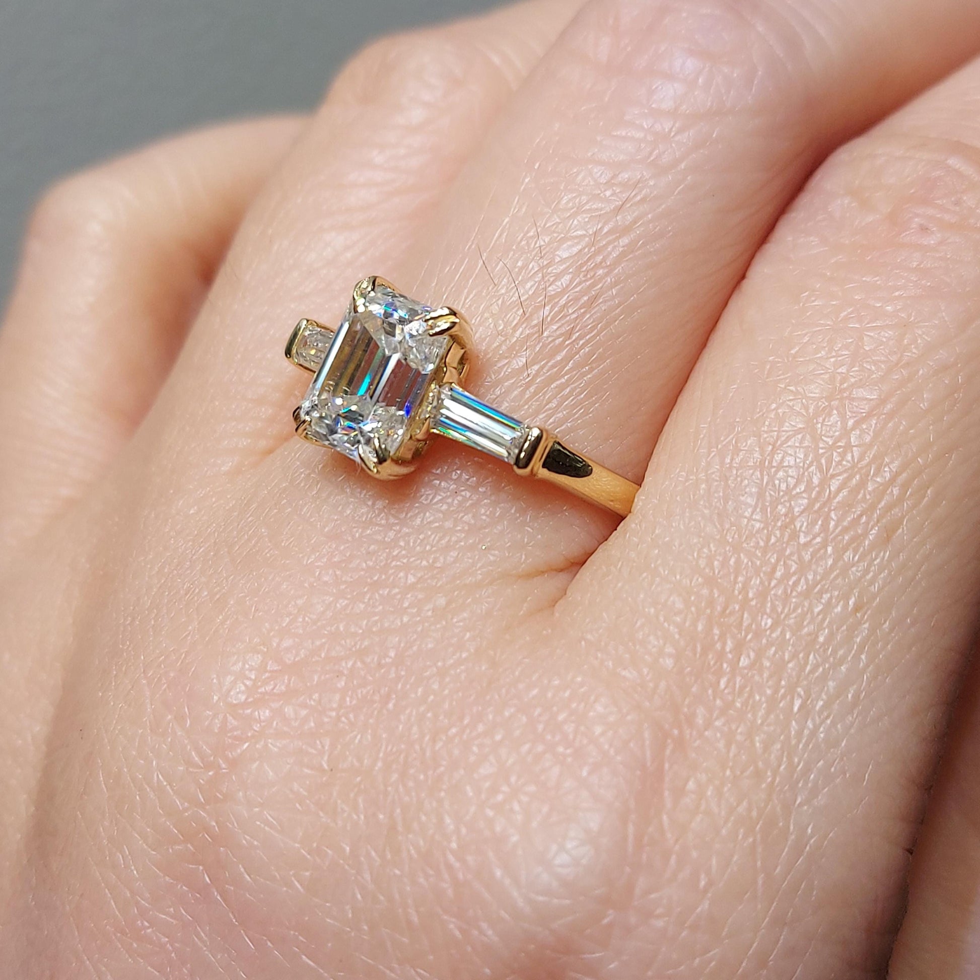 Three Stone Emerald Cut Moissanite Engagement Ring Emerald Cut and tapper baguette Moissanite Ring, Three Stone Wedding Anniversary Ring.