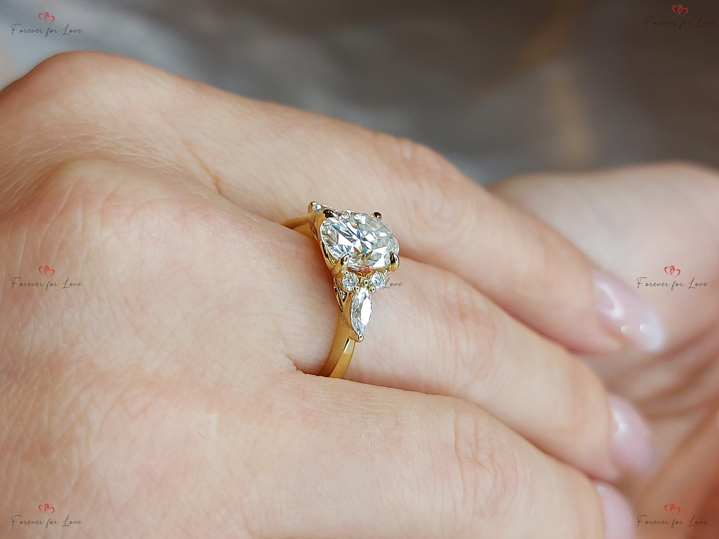 Oval Moissanite engagement ring unique Cluster Yellow gold engagement ring women Marquise diamond wedding Bridal art deco Anniversary Ring. Oval cut 6*8mm Moissanite engagement ring in Gold or Platinum — custom handcrafted by Forever For Love
