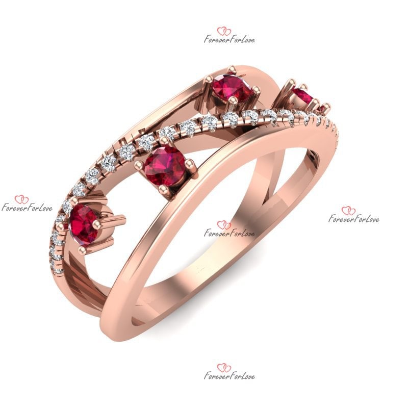 Vintage Natural Ruby and Round Diamond Wedding Band in Solid Gold/ Platinum Ring, Wedding Anniversary Ring, Promise Ring, Birthstone Ring.