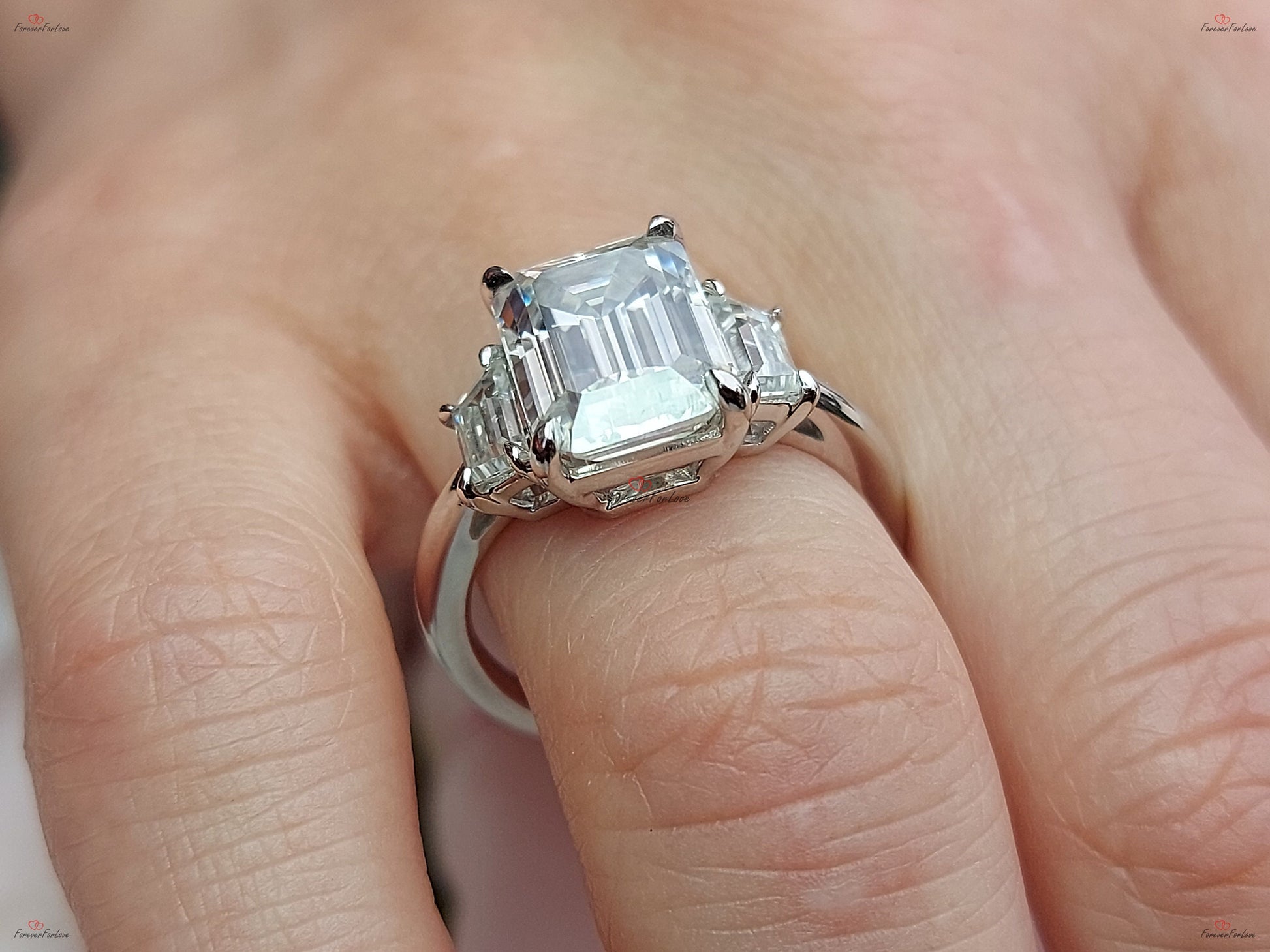 Emerald Moissanite Three Stone Engagement Ring