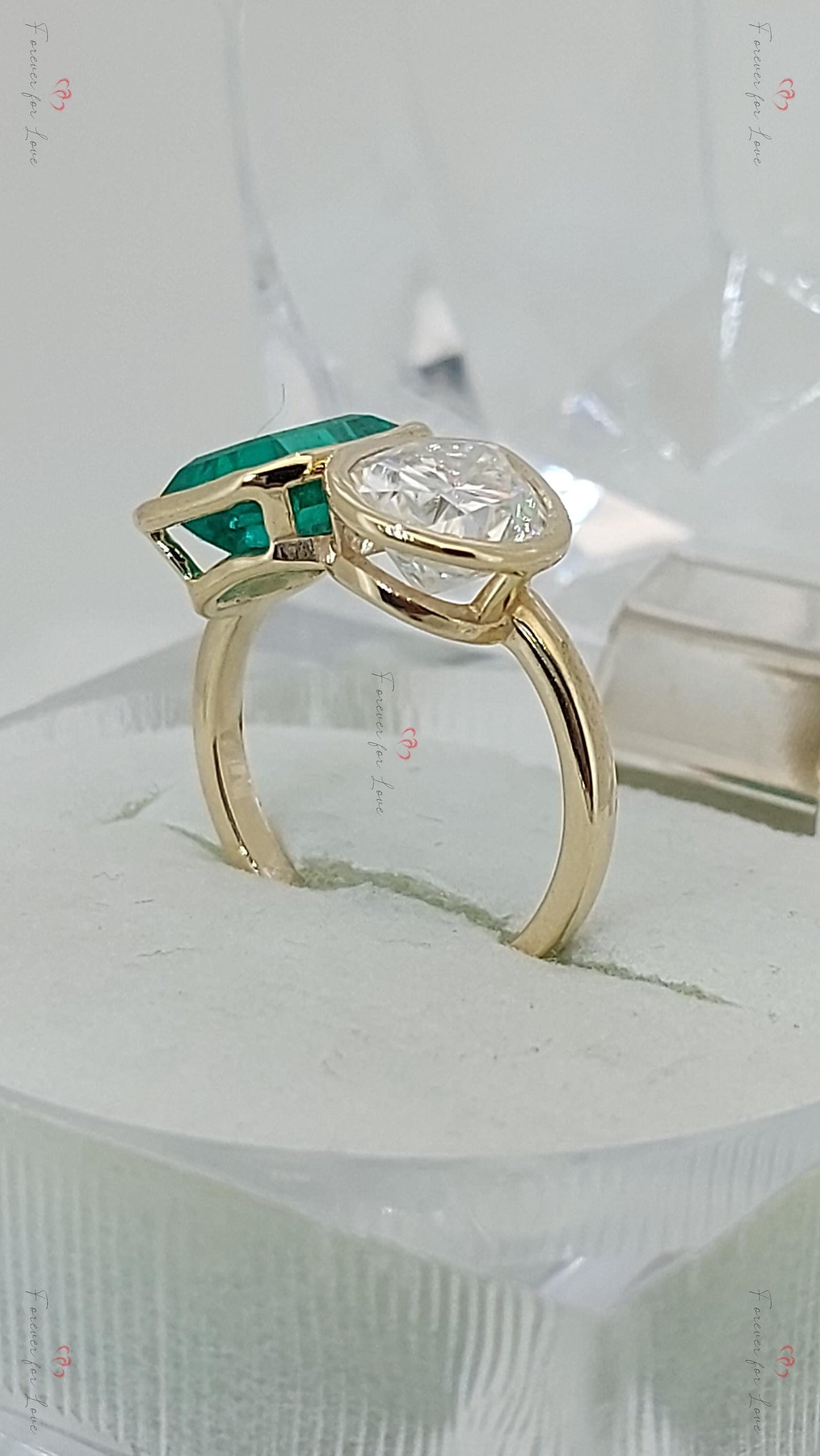 Baguette Diamond, Emerald Three Stone Ring Baguette cut Moissanite engagement ring in Gold or Platinum — custom handcrafted by Forever For Love