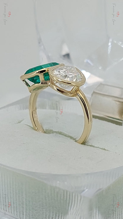 Baguette Diamond, Emerald Three Stone Ring