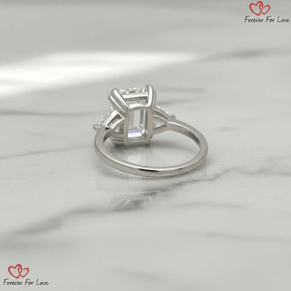 6ct E Color VVS2 Clarity IGI Certified Three Stone Emerald Cut Lab Created Diamond Engagement Ring, 18k White Gold, Side Trillion Cuts
