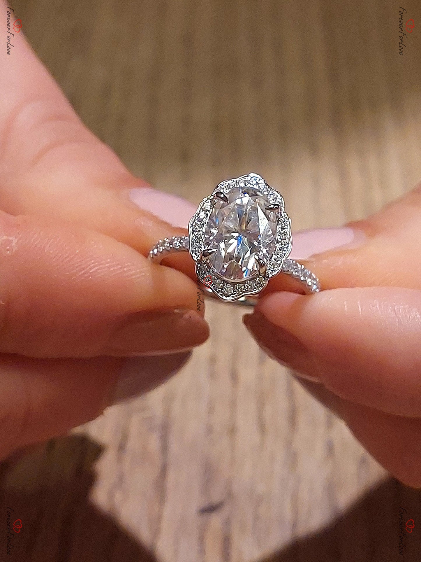 2 Ct Oval Moissanite Floral Halo Ring Oval cut 1Ct Moissanite Brilliant Cut engagement ring in 935 Argentium Silver — custom handcrafted by Forever For Love