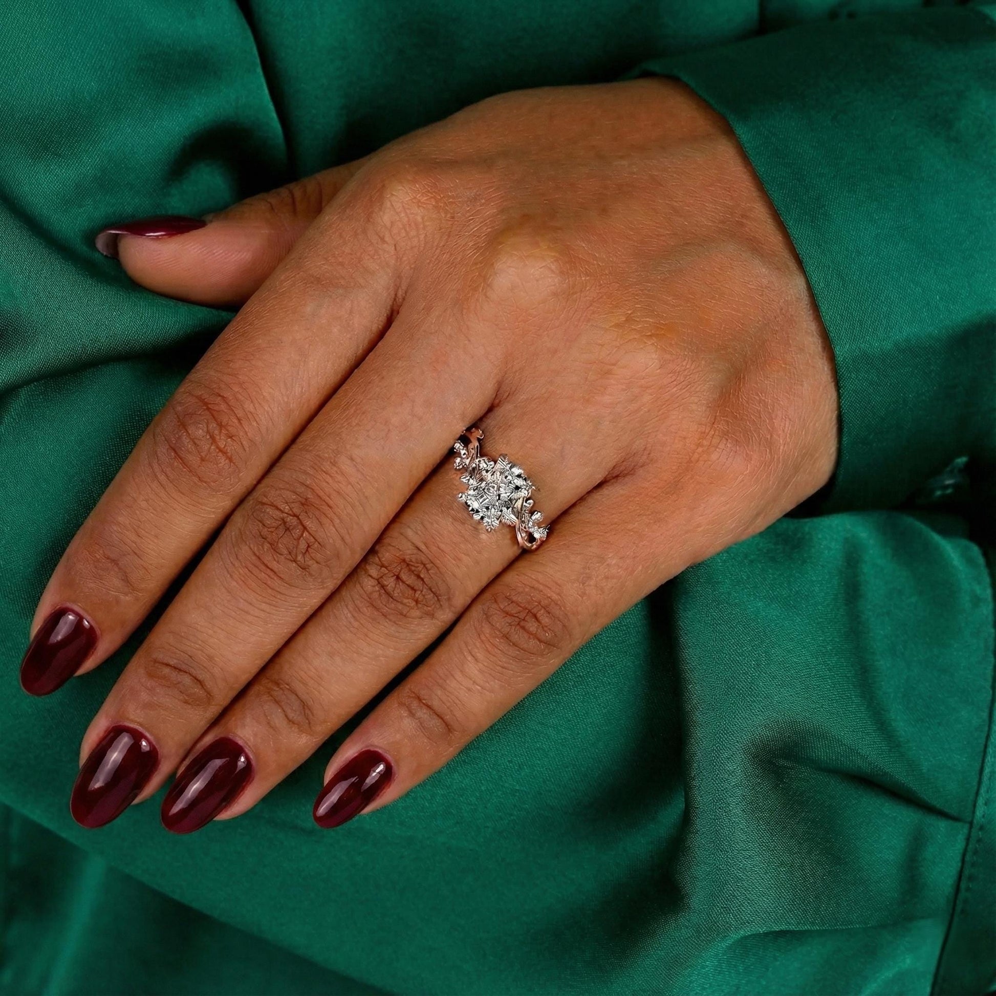 Radiant Cut Diamond Nature Inspired Wedding Ring, Leaf and Petals Design Engagement Ring, Unique Promise Ring for Her, Anniversary Gift Ring