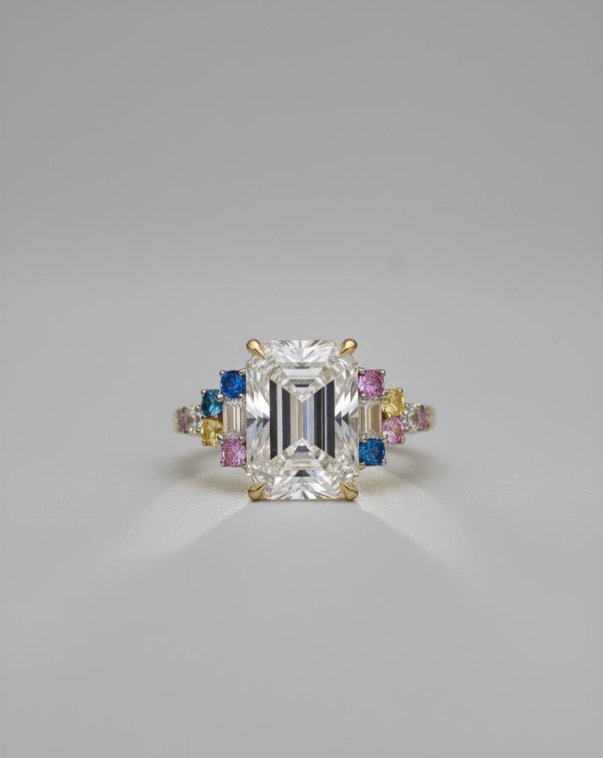 8 Karat IGI zertifizierter Smaragd Labor-Diamant, Smaragd Verlobungsring Emerald cut Moissanite engagement ring in 935 Argentium Silber — custom handcrafted by Forever For Love
