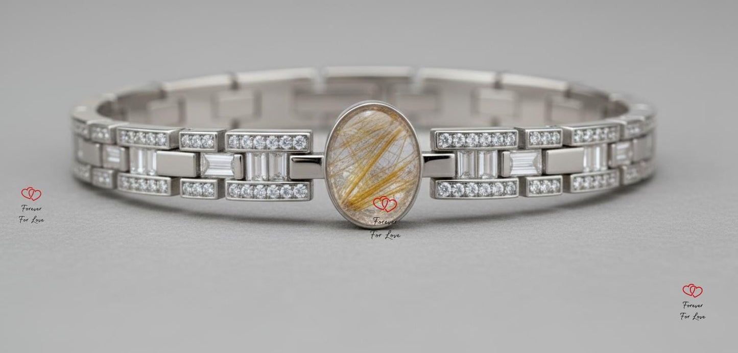 Golden Rutilated Quartz Bracelet with Baguette Diamonds, Solid Yellow Gold Bracelet, Angel Hair Quartz, Anniversary Gift, Fully Customizable Moissnaite engagement ring in Gold or Platinum — custom handcrafted by Forever For Love