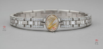 Golden Rutilated Quartz Bracelet with Baguette Diamonds, Solid Yellow Gold Bracelet, Angel Hair Quartz, Anniversary Gift, Fully Customizable