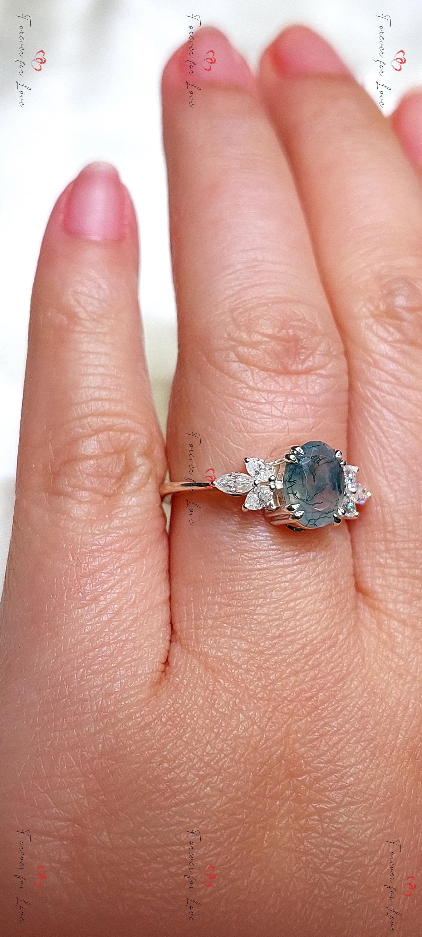Natural Moss Agate Oval Engagement Ring White Gold Accented Vintage Promise Ring Marquise Diamond Promise Ring Anniversary Wedding Ring Oval cut Moissanite engagement ring in Gold or Platinum — custom handcrafted by Forever For Love