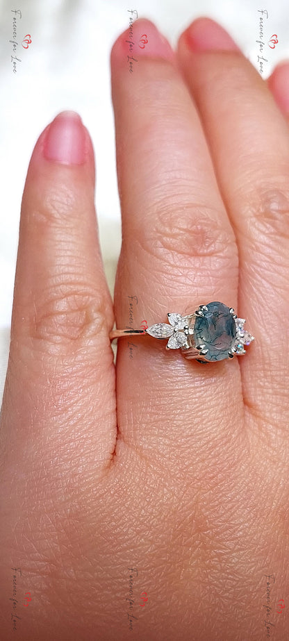 Natural Moss Agate Oval Engagement Ring White Gold Accented Vintage Promise Ring Marquise Diamond Promise Ring Anniversary Wedding Ring
