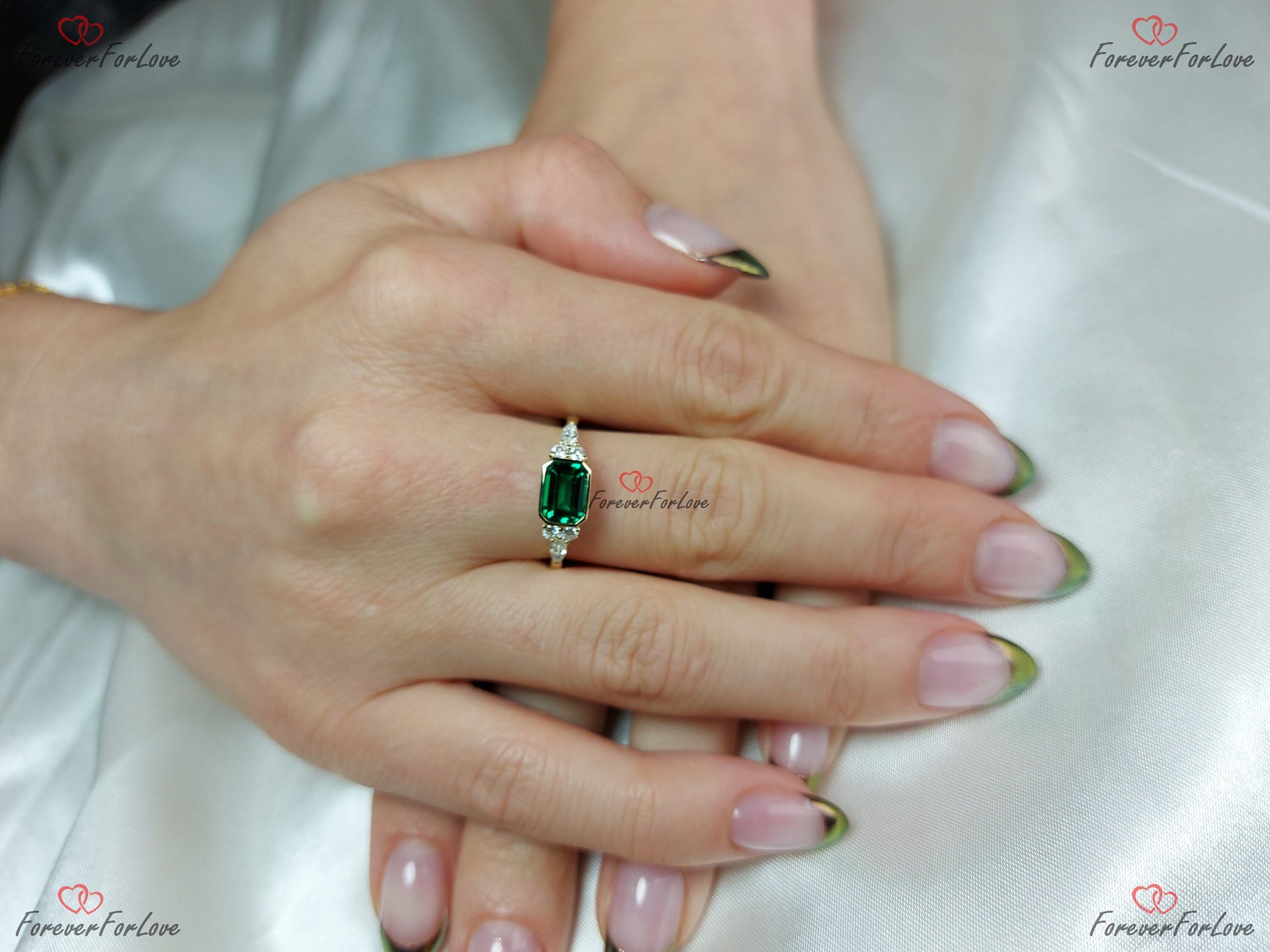 Baguette Diamond, Emerald Stacking Ring