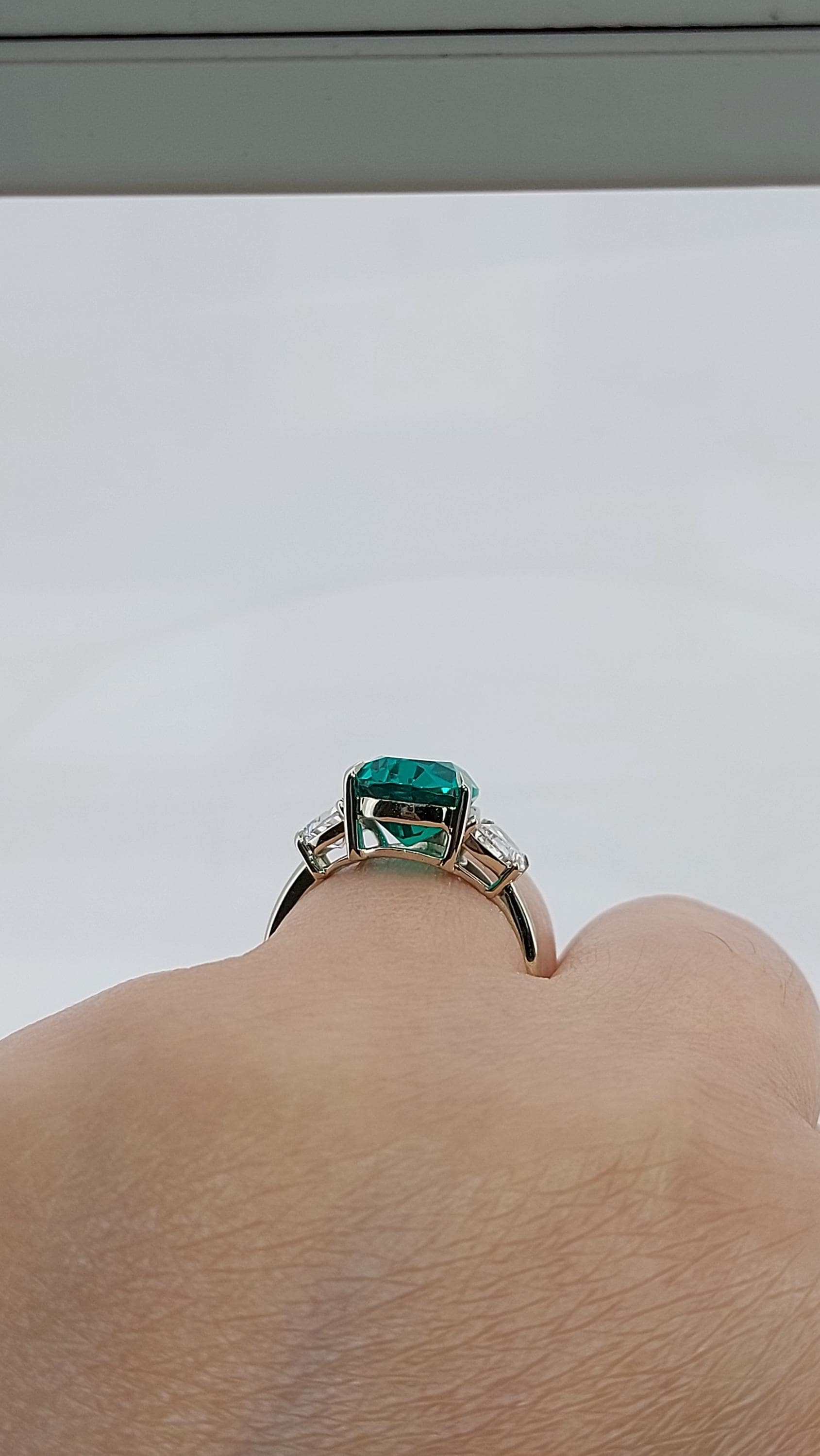 Pear Diamond, Emerald, Moonstone Engagement Ring