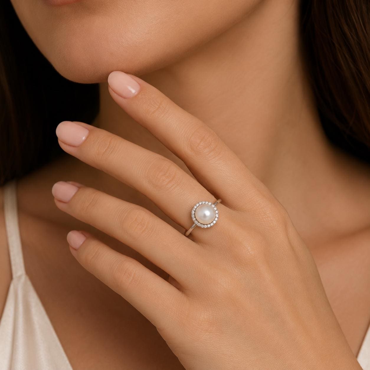 Dainty Pearl and Diamond Ring, 14K Solid Gold Ring for Women, Stacking Ring / Natural Pearl, Round Diamond side stones, Perfect gift