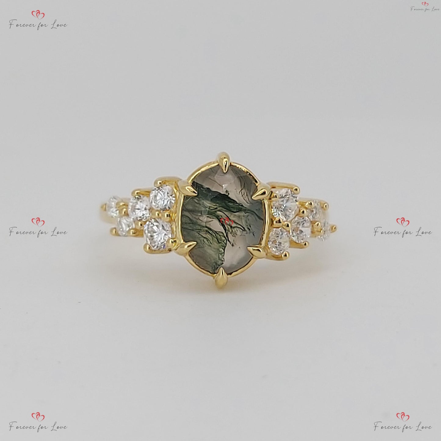 Bague de fiançailles ovale en agate mousse avec diamants G VS1 Oval cut Moissanite engagement ring in Gold or Platinum — custom handcrafted by Forever For Love