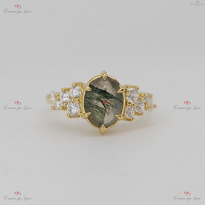 Oval Diamond, Moss Agate Engagement Ring