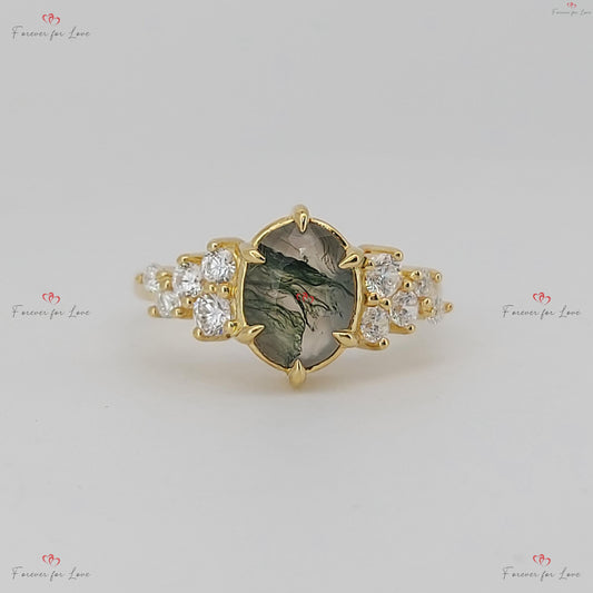 Oval Diamond, Moss Agate Engagement Ring