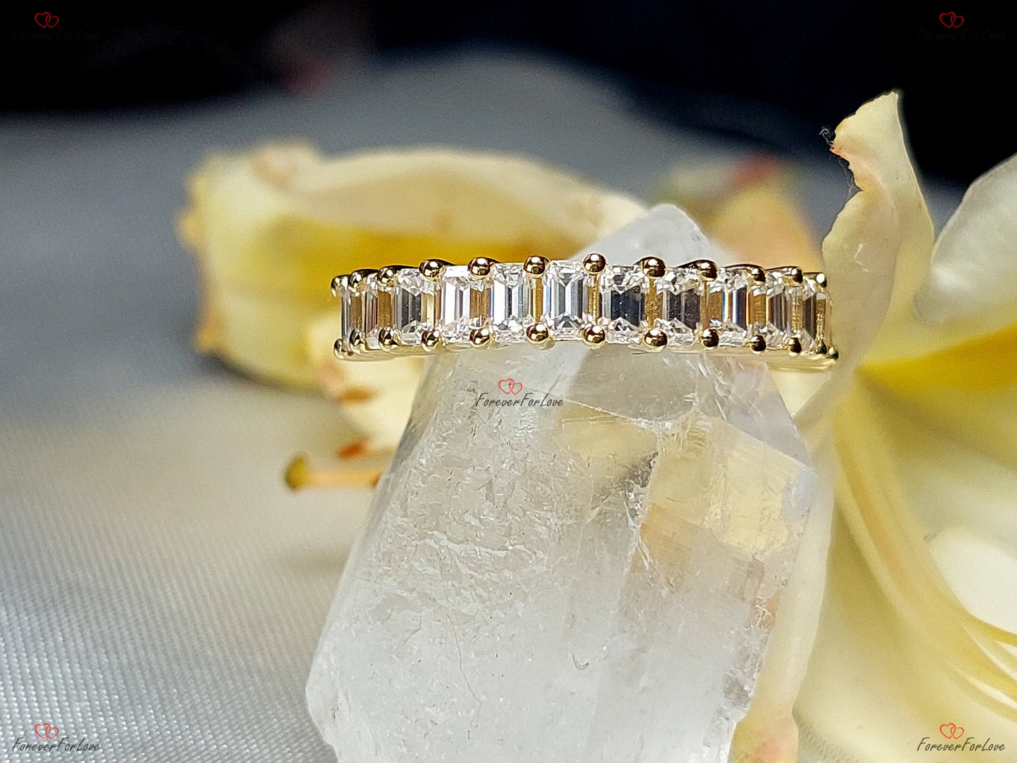 Anneau demi-éternité baguette moissanite Baguette cut Moissanite taille brillant engagement ring in Gold or Platinum — custom handcrafted by Forever For Love