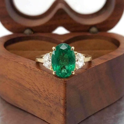 Oval Diamond, Emerald, Moonstone Engagement Ring